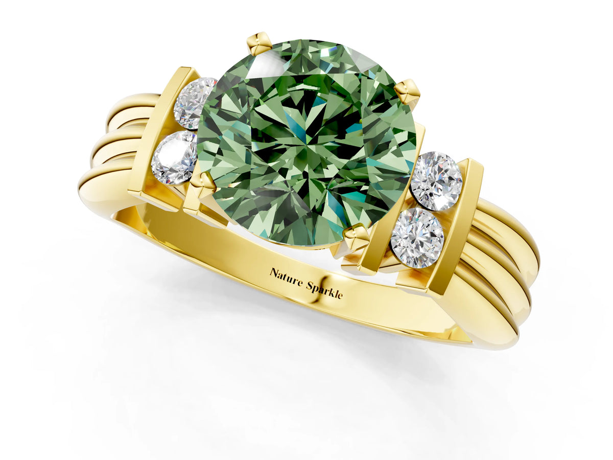 Three-Stone Fancy Green Round Cut Diamond Channel Set Ring in Yellow gold with Bar Prongs_1