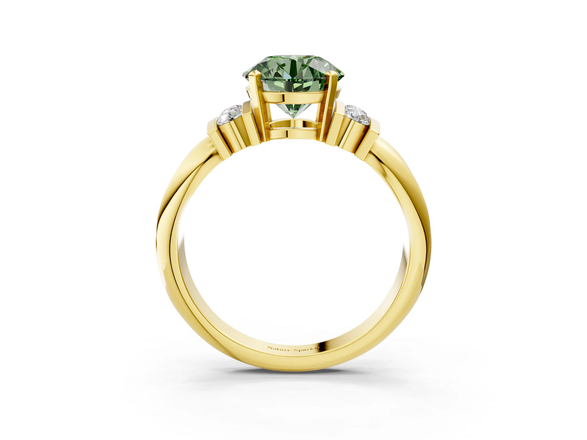 Three-Stone Fancy Green Round Cut Diamond Channel Set Ring in Yellow gold with Bar Prongs_3