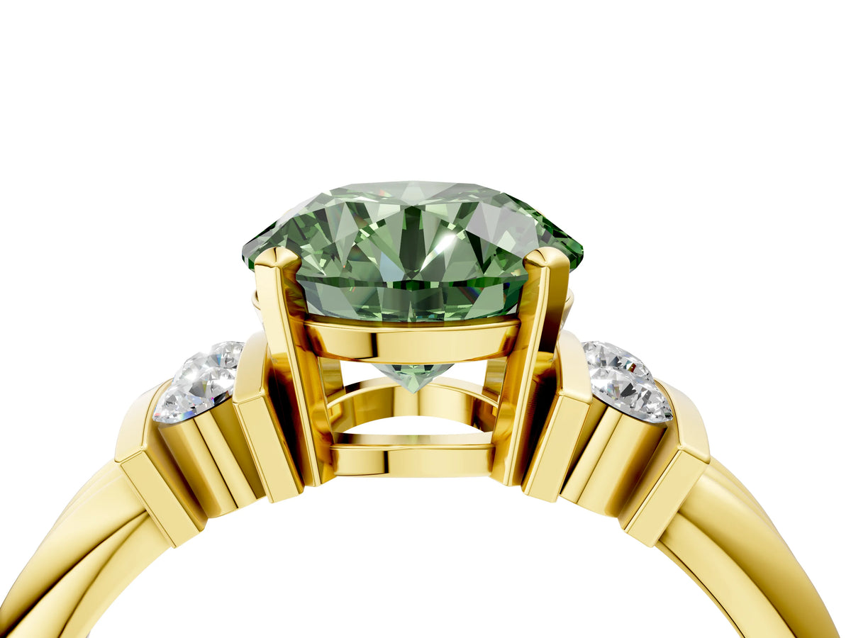 Three-Stone Fancy Green Round Cut Diamond Channel Set Ring in Yellow gold with Bar Prongs_4