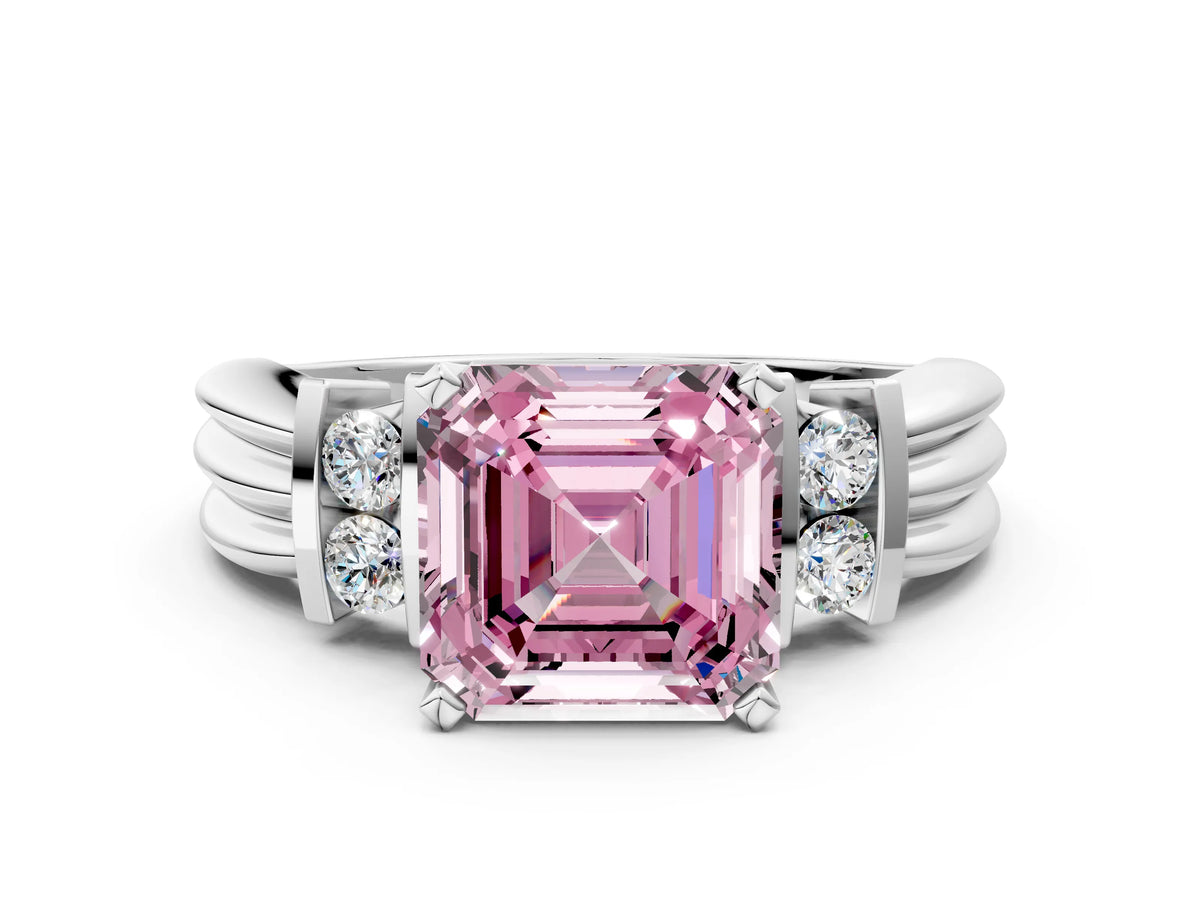 Three-Stone Fancy Pink Asscher Cut Diamond Channel Set Ring in Platinum with Bar Prongs_12