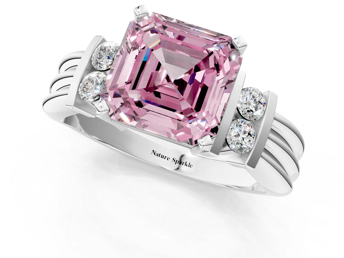 Three-Stone Fancy Pink Asscher Cut Diamond Channel Set Ring in Platinum with Bar Prongs_13