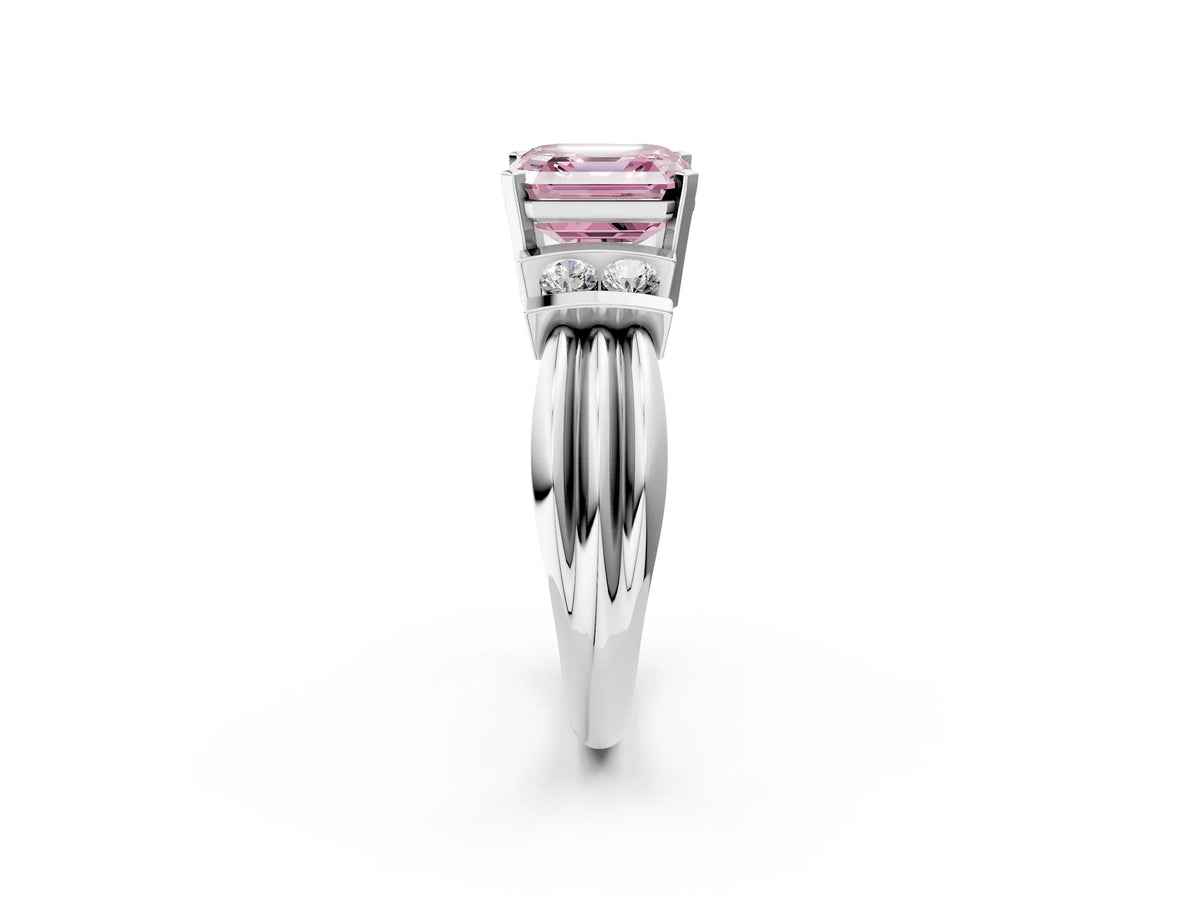 Three-Stone Fancy Pink Asscher Cut Diamond Channel Set Ring in Platinum with Bar Prongs_14