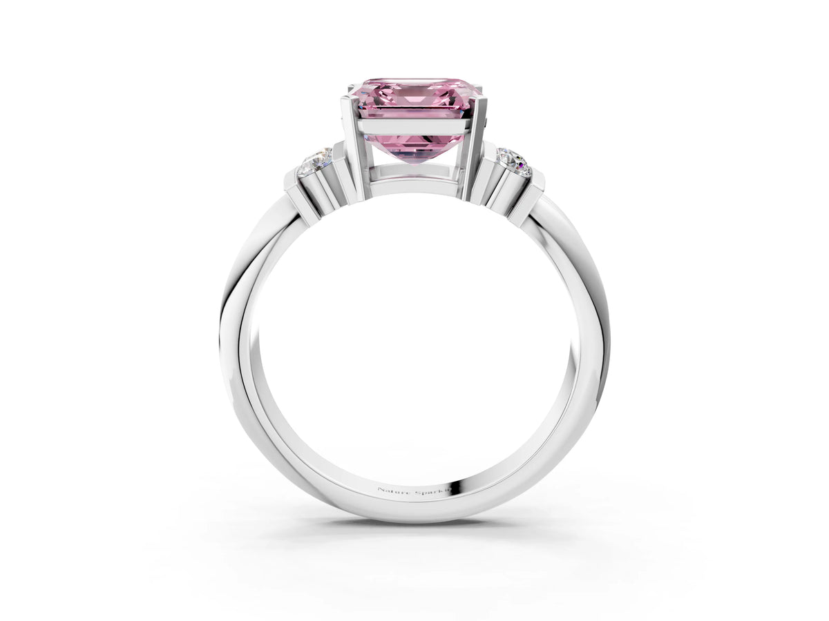 Three-Stone Fancy Pink Asscher Cut Diamond Channel Set Ring in Platinum with Bar Prongs_15