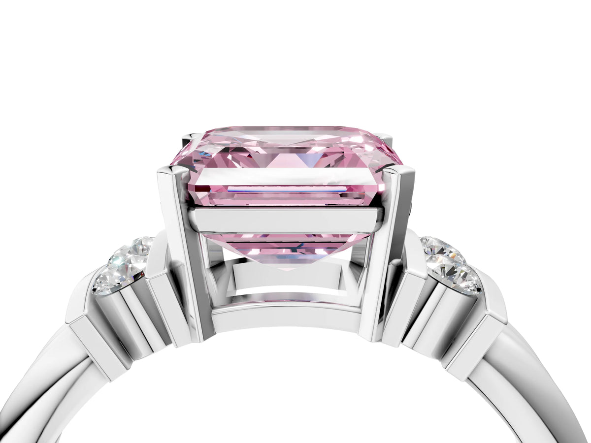 Three-Stone Fancy Pink Asscher Cut Diamond Channel Set Ring in Platinum with Bar Prongs_16