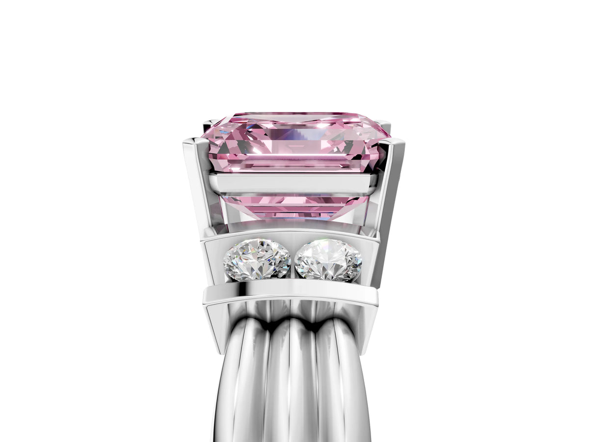 Three-Stone Fancy Pink Asscher Cut Diamond Channel Set Ring in Platinum with Bar Prongs_17