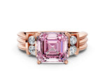 Three-Stone Fancy Pink Asscher Cut Diamond Channel Set Ring in Rose gold with Bar Prongs