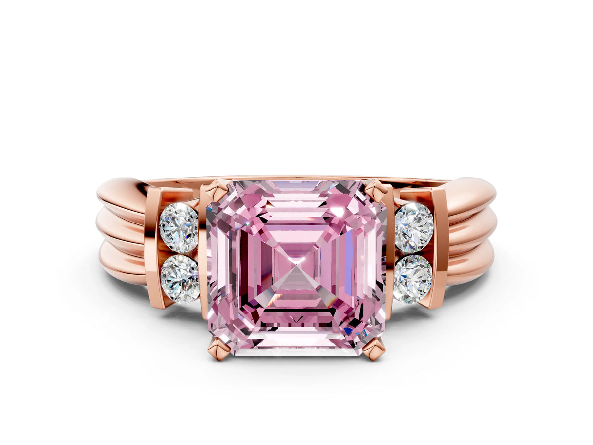 Three-Stone Fancy Pink Asscher Cut Diamond Channel Set Ring in Rose gold with Bar Prongs