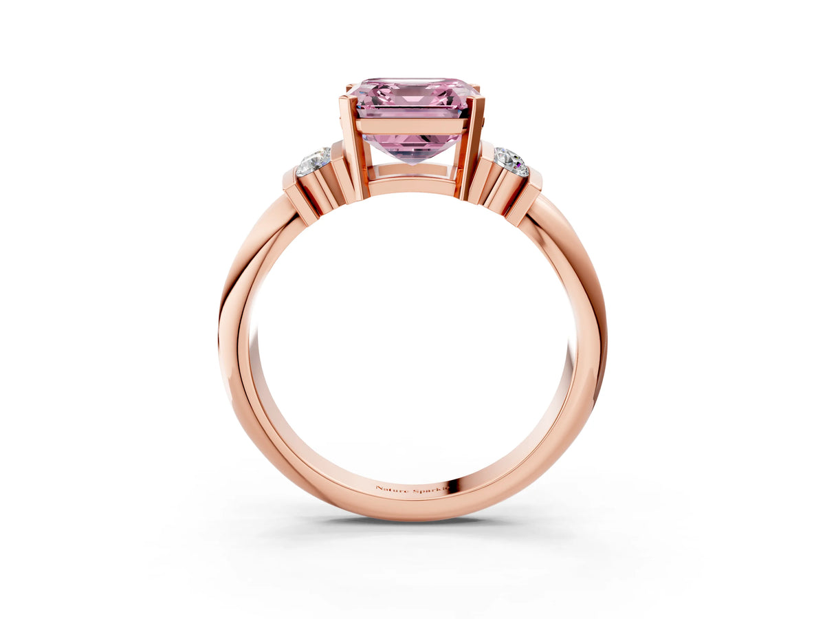 Three-Stone Fancy Pink Asscher Cut Diamond Channel Set Ring in Rose gold with Bar Prongs_3
