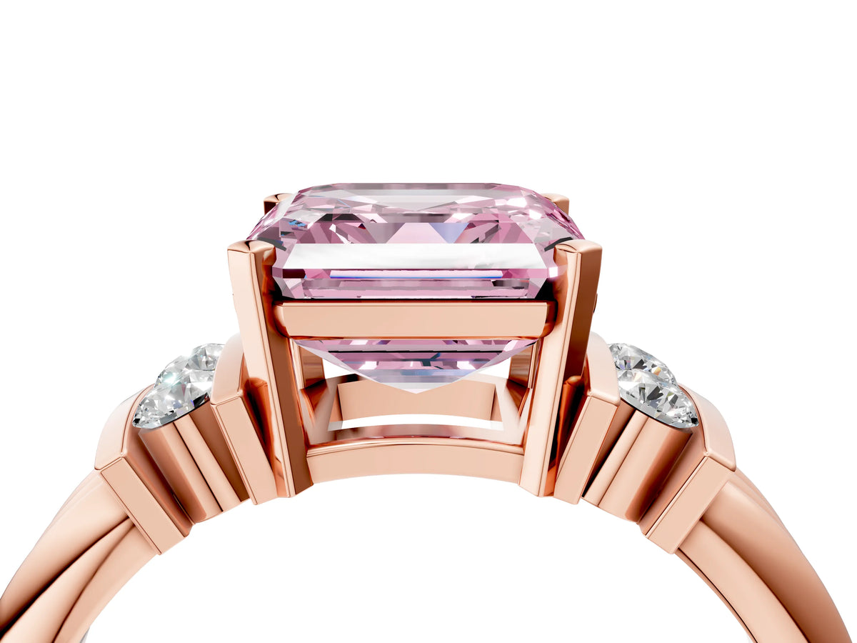 Three-Stone Fancy Pink Asscher Cut Diamond Channel Set Ring in Rose gold with Bar Prongs_4