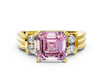 Three-Stone Fancy Pink Asscher Cut Diamond Channel Set Ring in Yellow gold with Bar Prongs