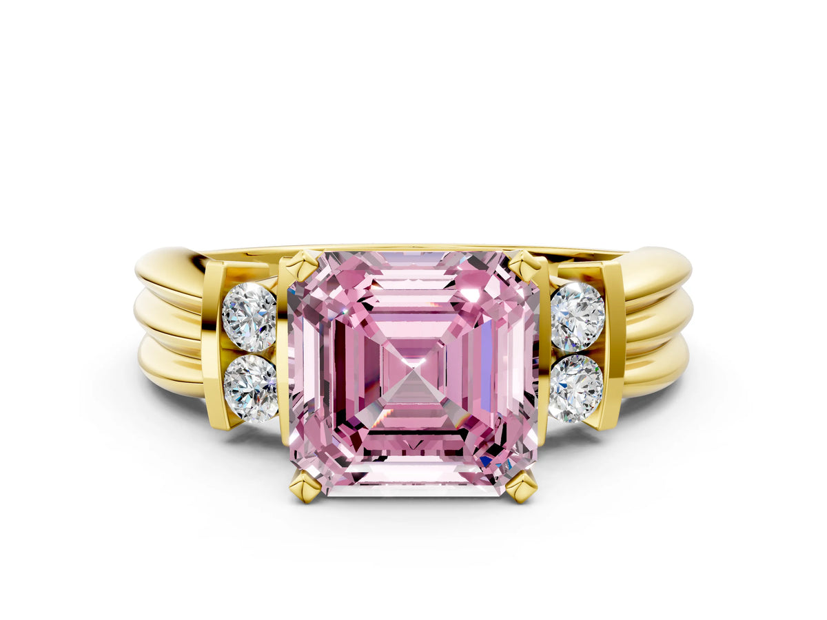 Three-Stone Fancy Pink Asscher Cut Diamond Channel Set Ring in Yellow gold with Bar Prongs