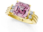 Three-Stone Fancy Pink Asscher Cut Diamond Channel Set Ring in Yellow gold with Bar Prongs_1