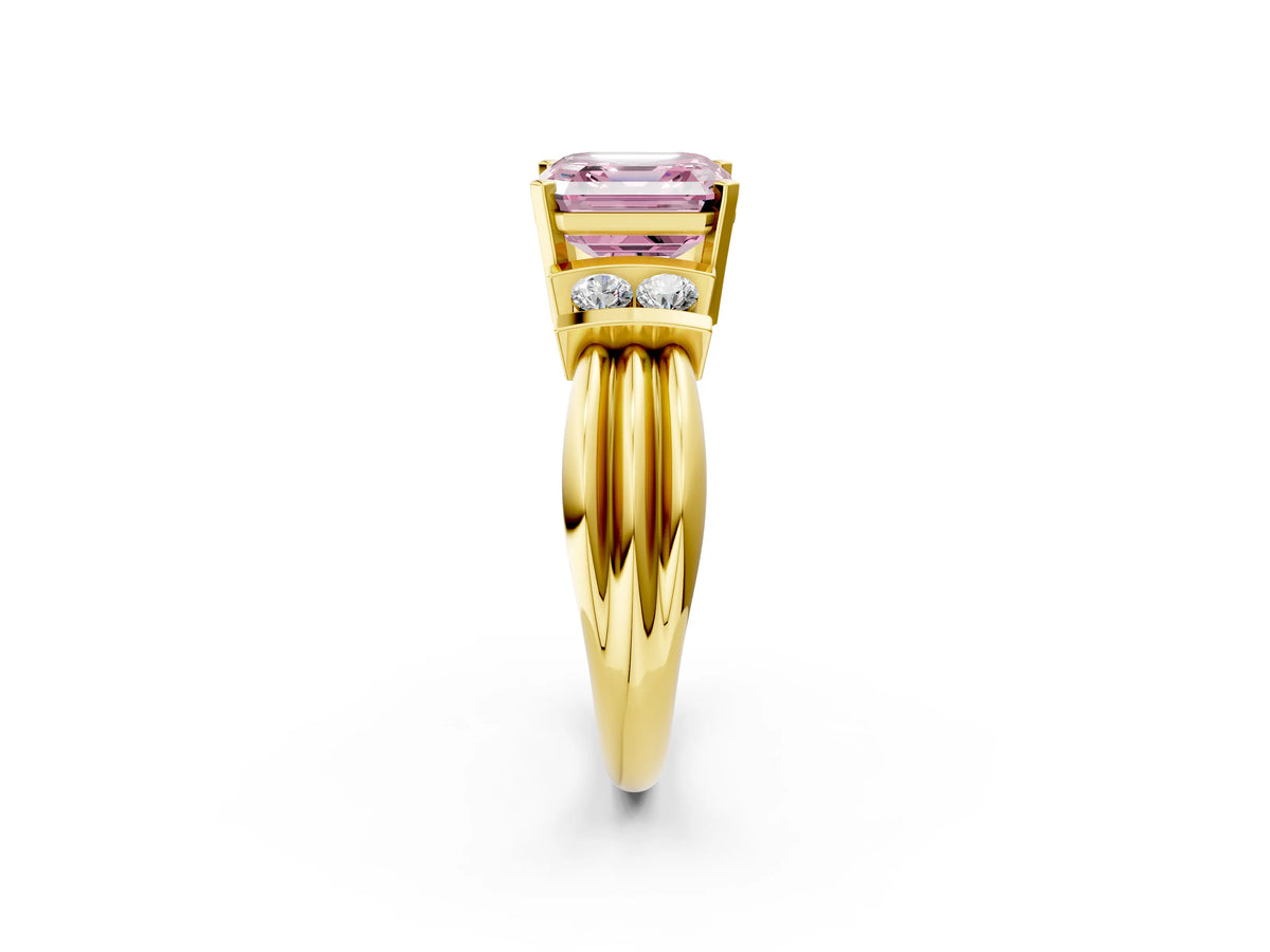 Three-Stone Fancy Pink Asscher Cut Diamond Channel Set Ring in Yellow gold with Bar Prongs_2