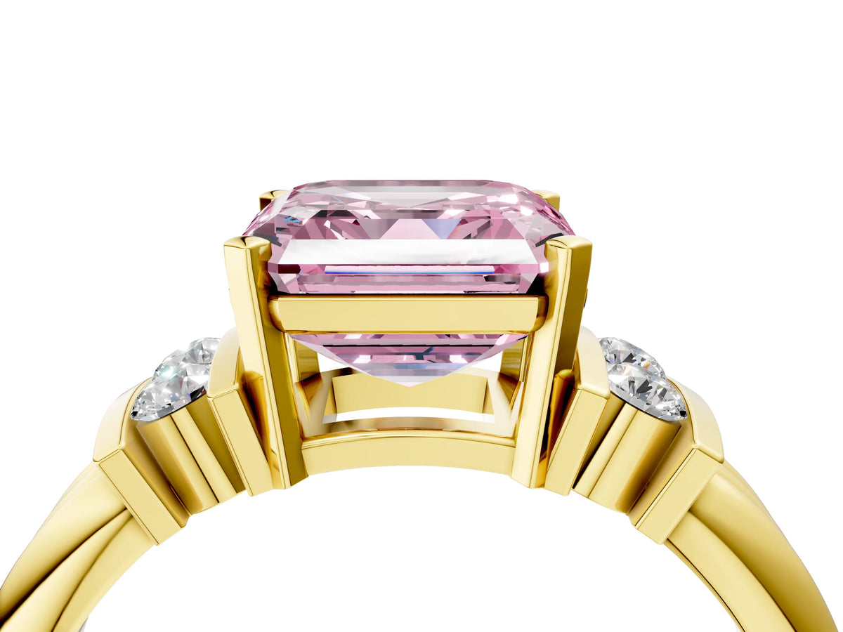 Three-Stone Fancy Pink Asscher Cut Diamond Channel Set Ring in Yellow gold with Bar Prongs_4