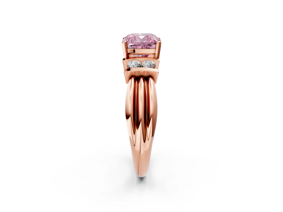 Three-Stone Fancy Pink Cushion Cut Diamond Channel Set Ring in Rose gold with Bar Prongs_2