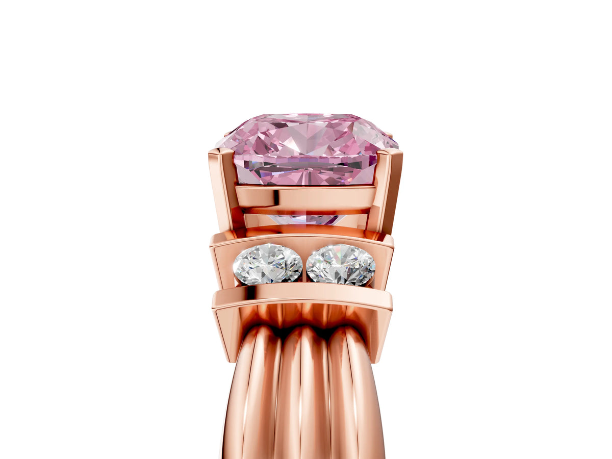 Three-Stone Fancy Pink Cushion Cut Diamond Channel Set Ring in Rose gold with Bar Prongs_5