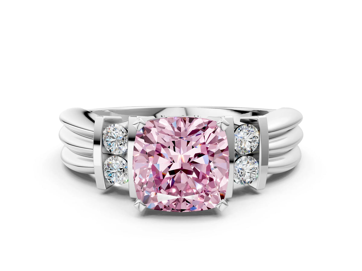Three-Stone Fancy Pink Cushion Cut Diamond Channel Set Ring in Silver with Bar Prongs_12