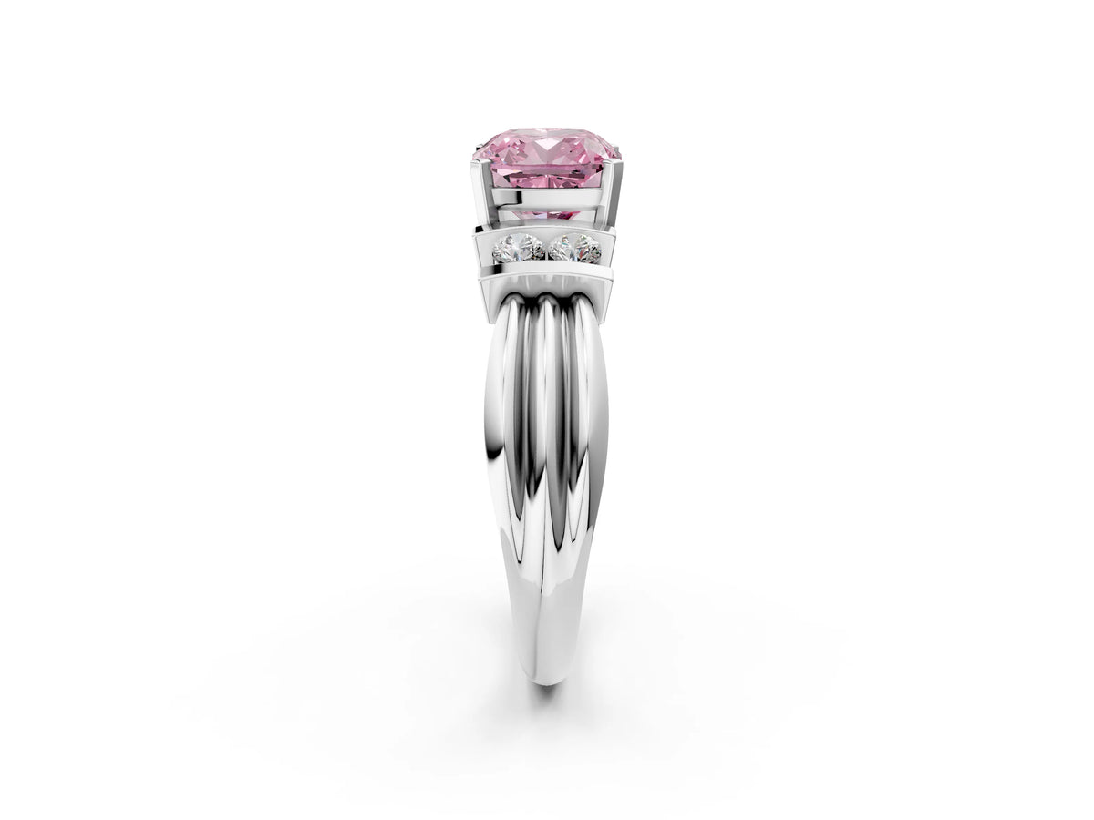 Three-Stone Fancy Pink Cushion Cut Diamond Channel Set Ring in Silver with Bar Prongs_14