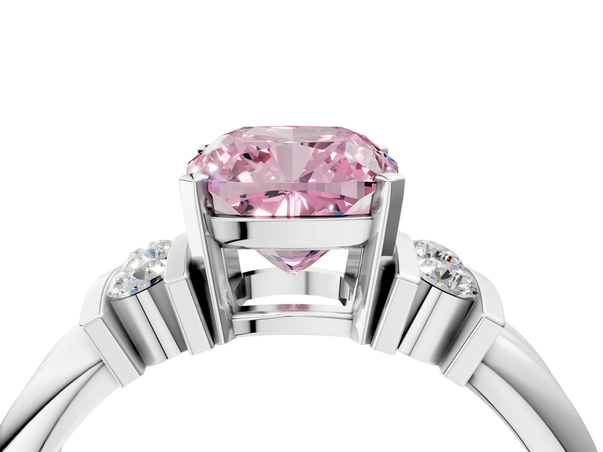 Three-Stone Fancy Pink Cushion Cut Diamond Channel Set Ring in Silver with Bar Prongs_16