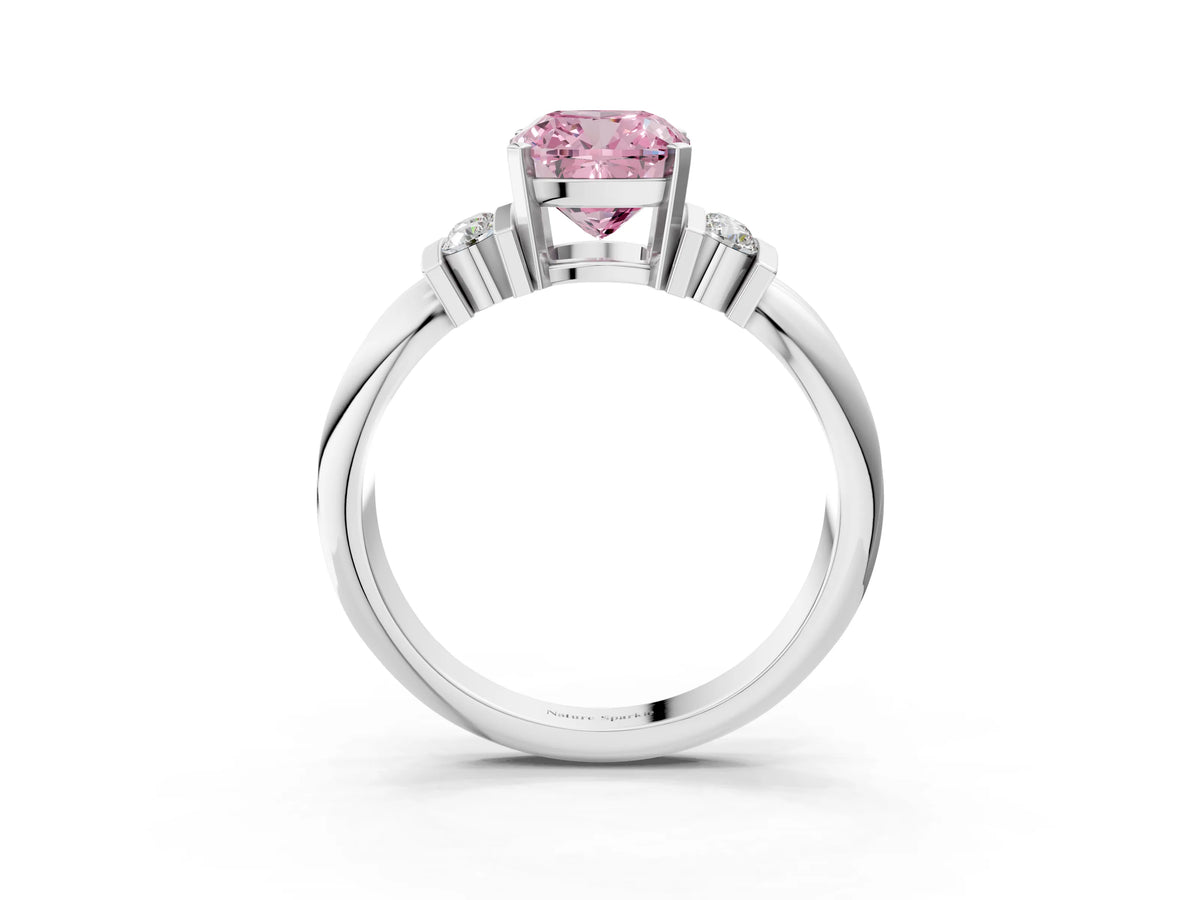 Three-Stone Fancy Pink Cushion Cut Diamond Channel Set Ring in White gold with Bar Prongs_3