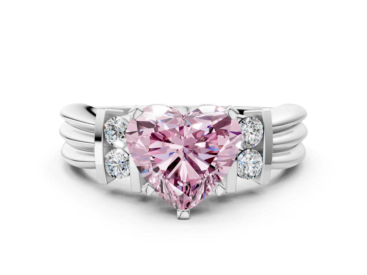 Three-Stone Fancy Pink Heart Cut Diamond Channel Set Ring in Platinum with Bar Prongs_12