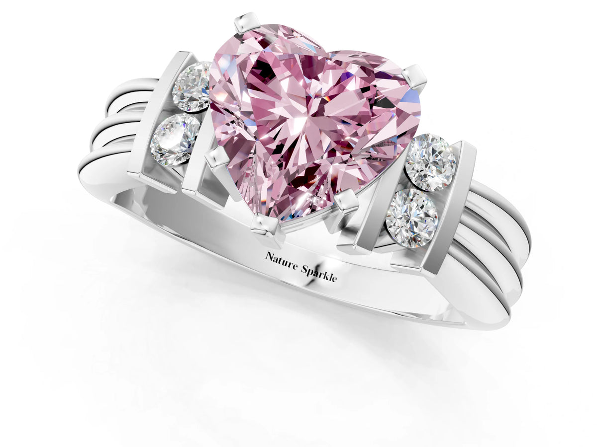 Three-Stone Fancy Pink Heart Cut Diamond Channel Set Ring in Platinum with Bar Prongs_13