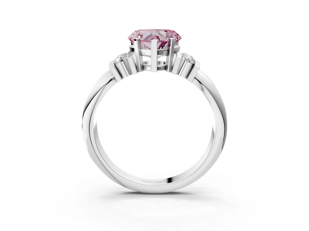 Three-Stone Fancy Pink Heart Cut Diamond Channel Set Ring in Platinum with Bar Prongs_15