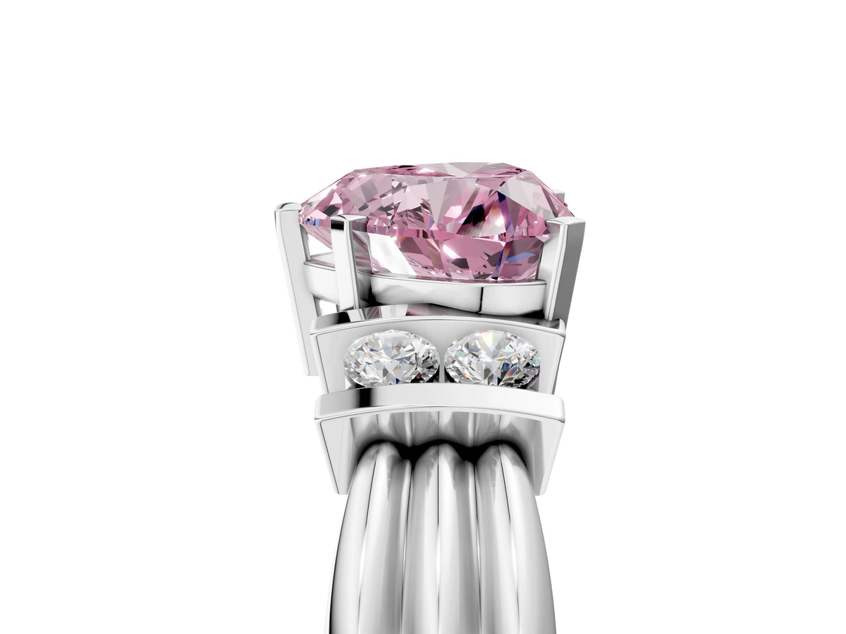 Three-Stone Fancy Pink Heart Cut Diamond Channel Set Ring in Platinum with Bar Prongs_17