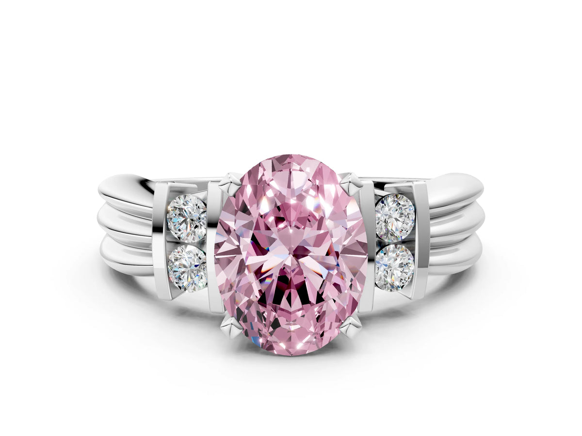 Three-Stone Fancy Pink Oval Cut Diamond Channel Set Ring in Platinum with Bar Prongs_12