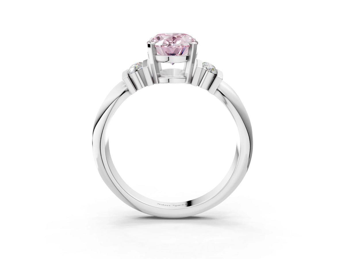 Three-Stone Fancy Pink Oval Cut Diamond Channel Set Ring in Platinum with Bar Prongs_15