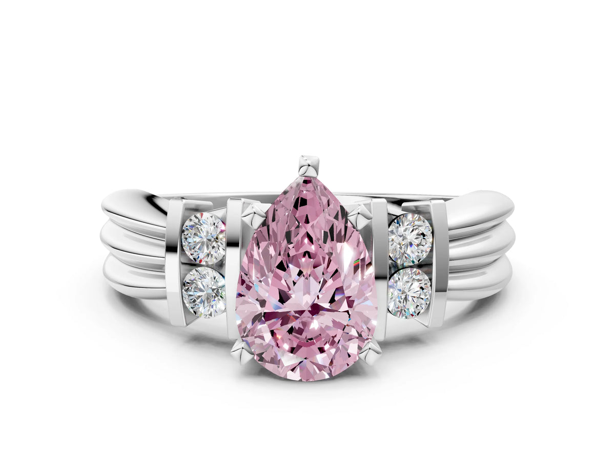 Three-Stone Fancy Pink Pear Cut Diamond Channel Set Ring in Platinum with Bar Prongs_12
