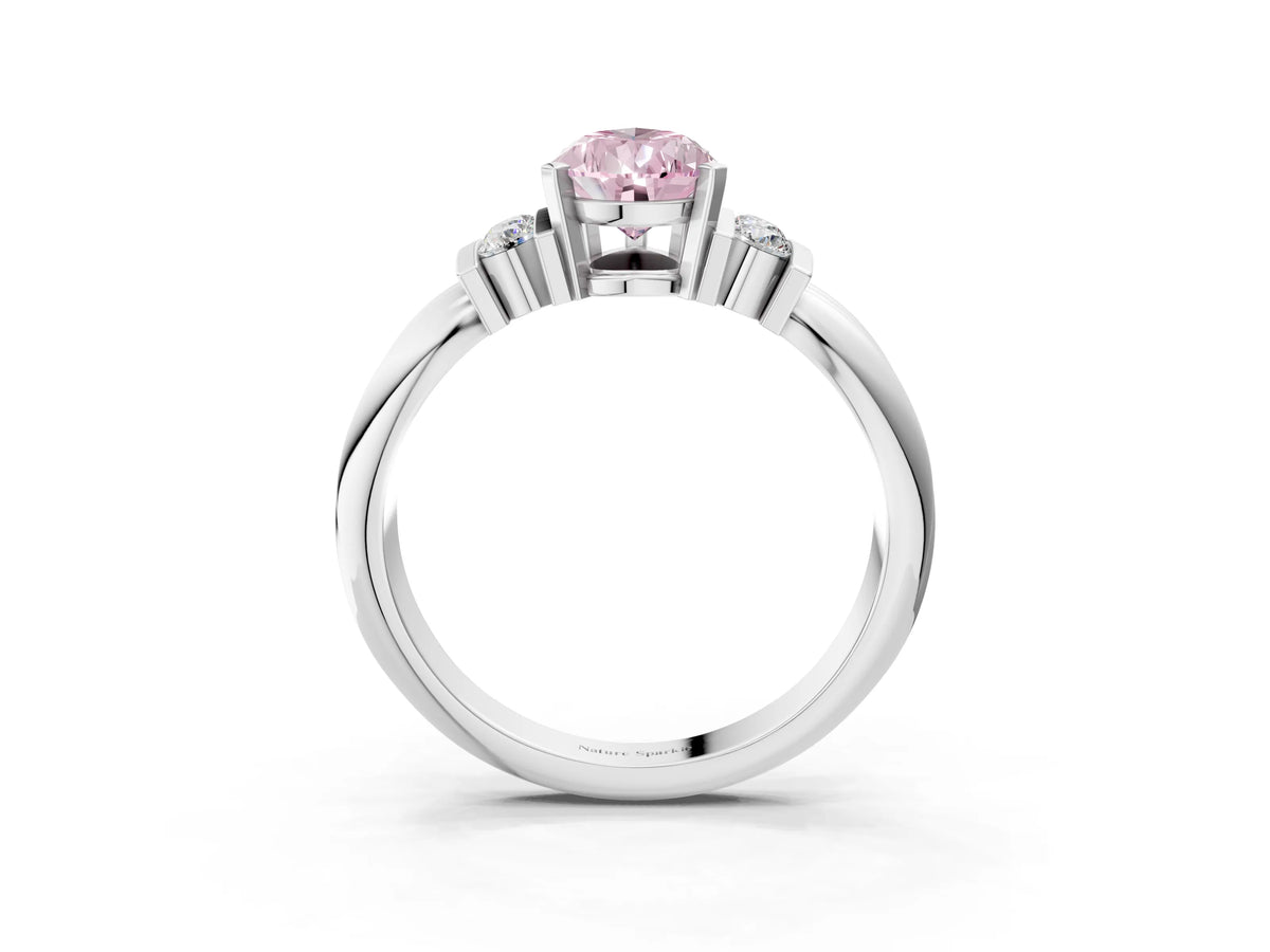 Three-Stone Fancy Pink Pear Cut Diamond Channel Set Ring in Platinum with Bar Prongs_15