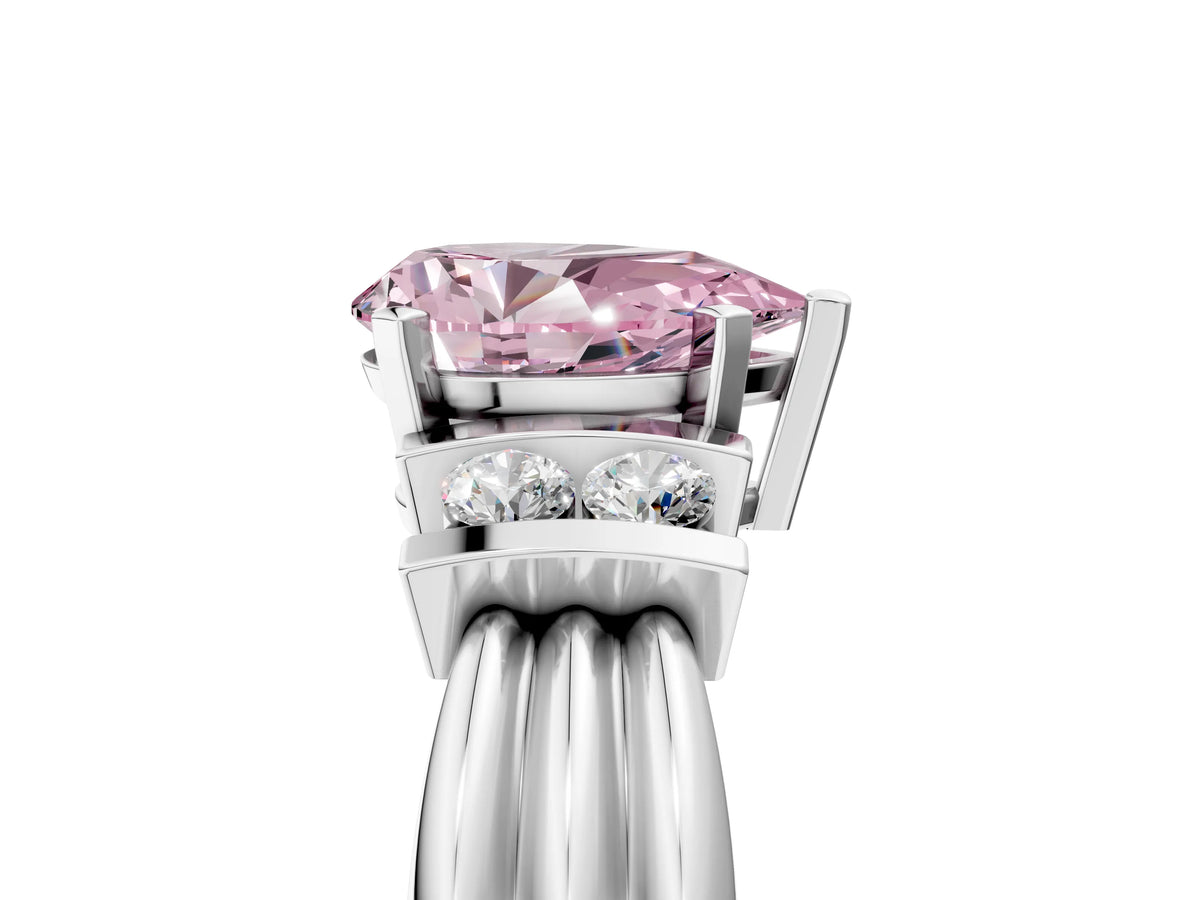 Three-Stone Fancy Pink Pear Cut Diamond Channel Set Ring in Platinum with Bar Prongs_17