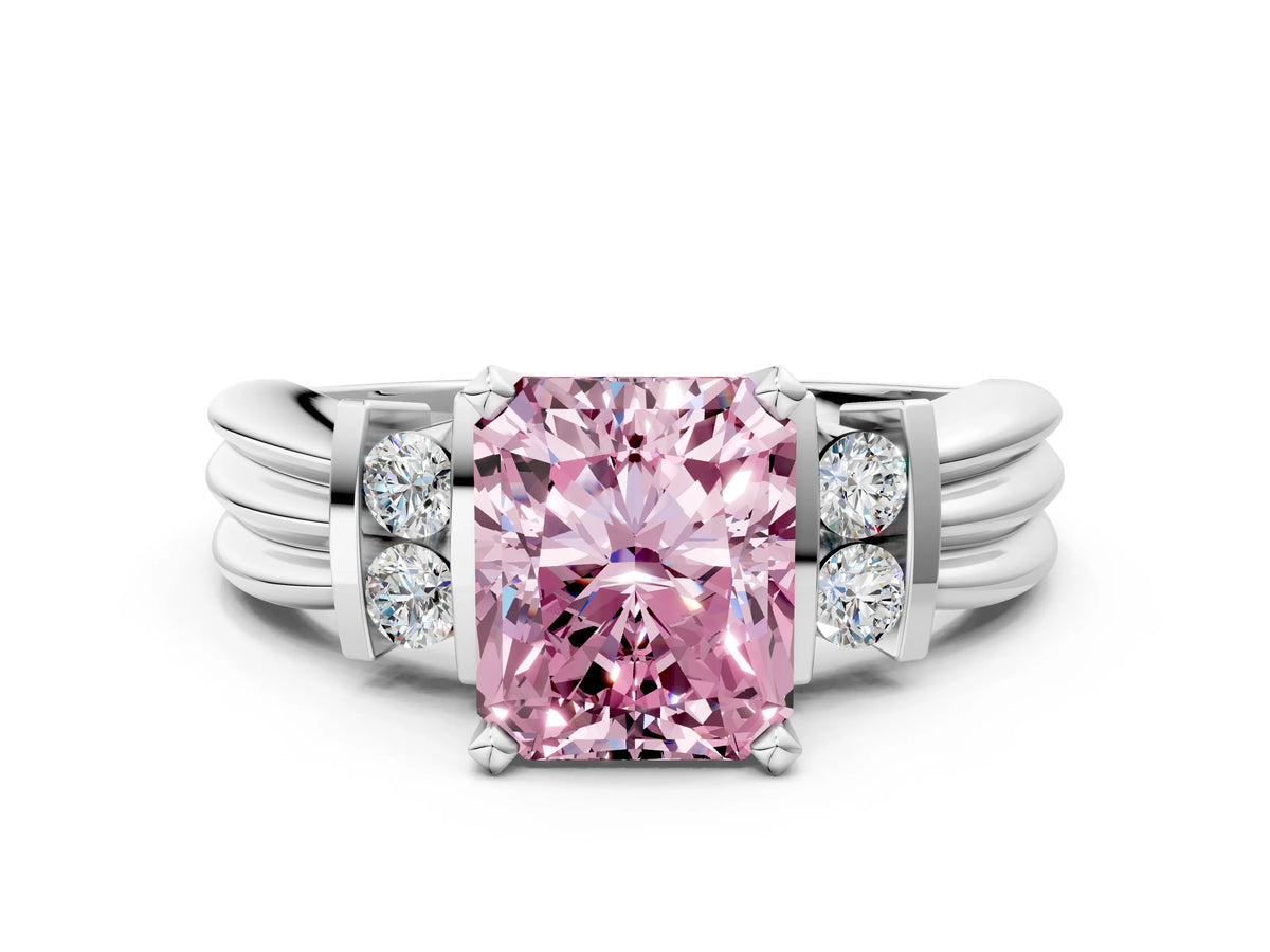 Three-Stone Fancy Pink Radiant Cut Diamond Channel Set Ring in Platinum with Bar Prongs_12