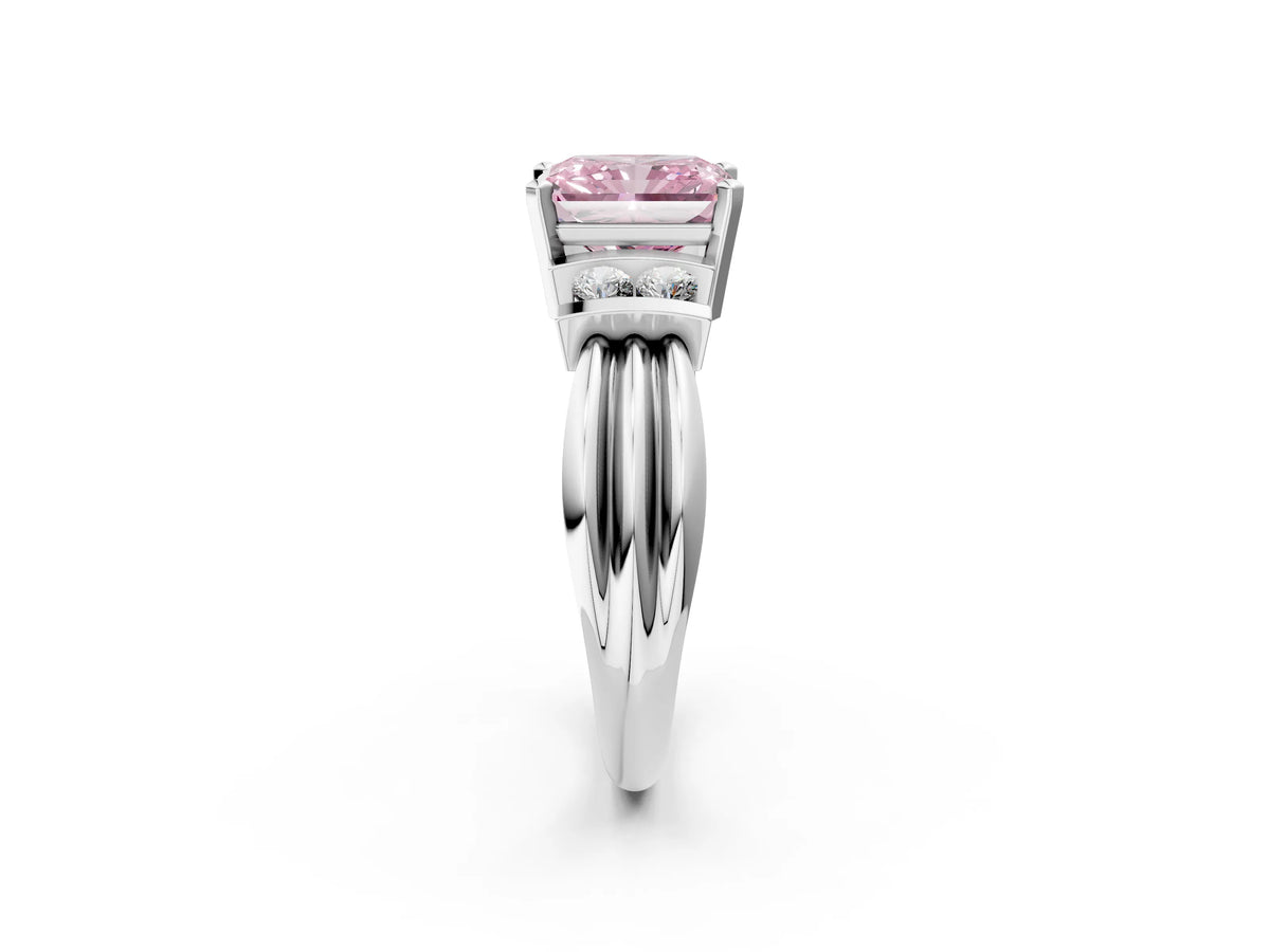 Three-Stone Fancy Pink Radiant Cut Diamond Channel Set Ring in Platinum with Bar Prongs_14