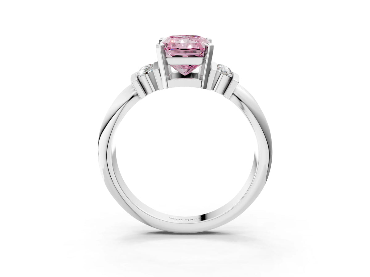 Three-Stone Fancy Pink Radiant Cut Diamond Channel Set Ring in Platinum with Bar Prongs_15