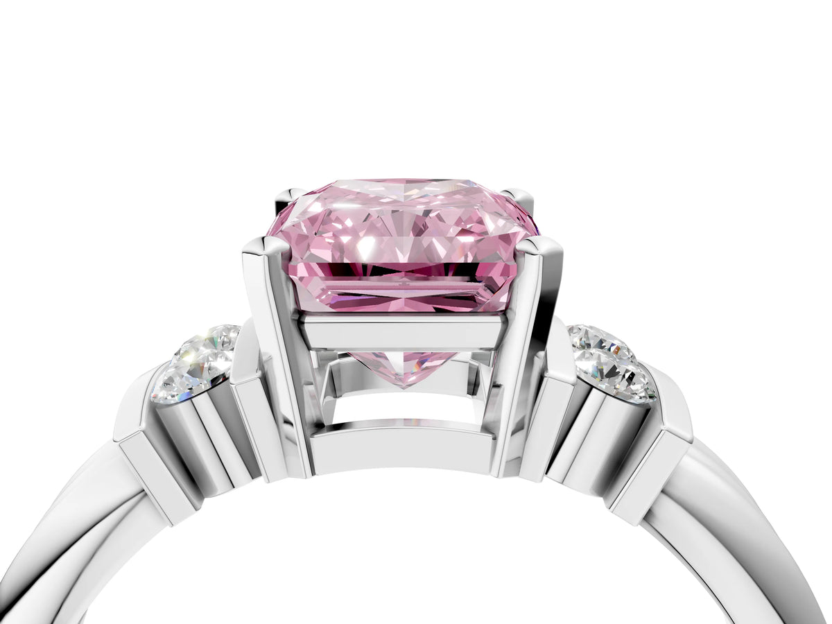 Three-Stone Fancy Pink Radiant Cut Diamond Channel Set Ring in Platinum with Bar Prongs_16