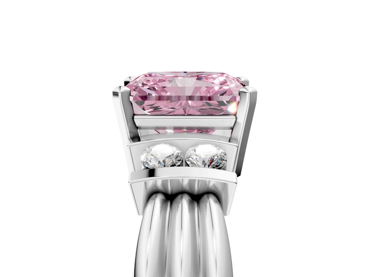 Three-Stone Fancy Pink Radiant Cut Diamond Channel Set Ring in Platinum with Bar Prongs_17