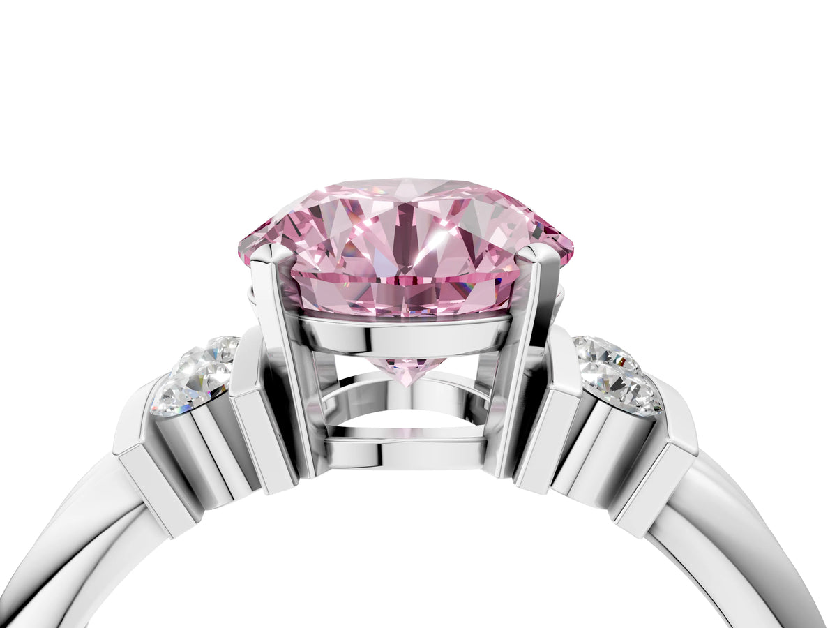 Three-Stone Fancy Pink Round Cut Diamond Channel Set Ring in Silver with Bar Prongs_10