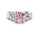 Three-Stone Fancy Pink Round Cut Diamond Channel Set Ring in Silver with Bar Prongs_6