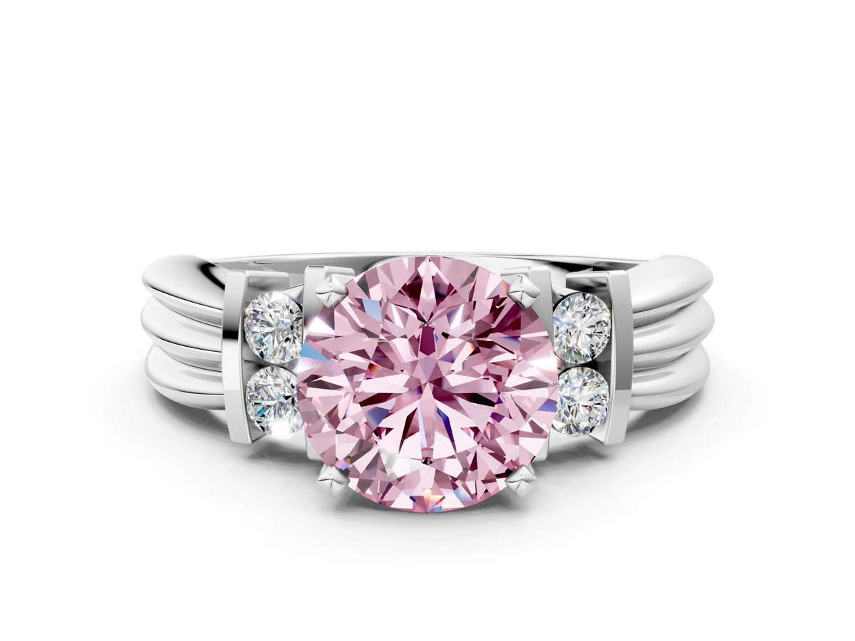 Three-Stone Fancy Pink Round Cut Diamond Channel Set Ring in Silver with Bar Prongs_6