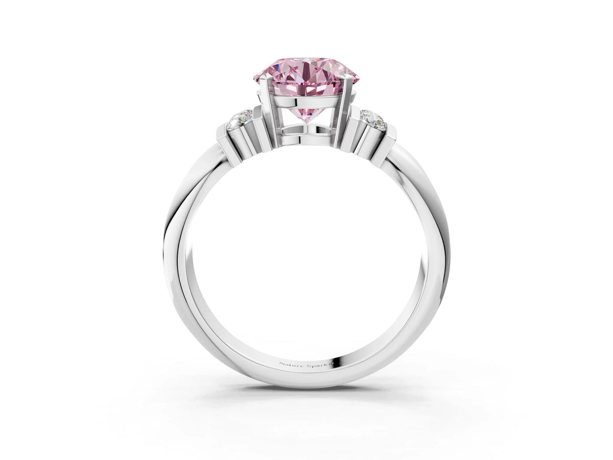 Three-Stone Fancy Pink Round Cut Diamond Channel Set Ring in Silver with Bar Prongs_9