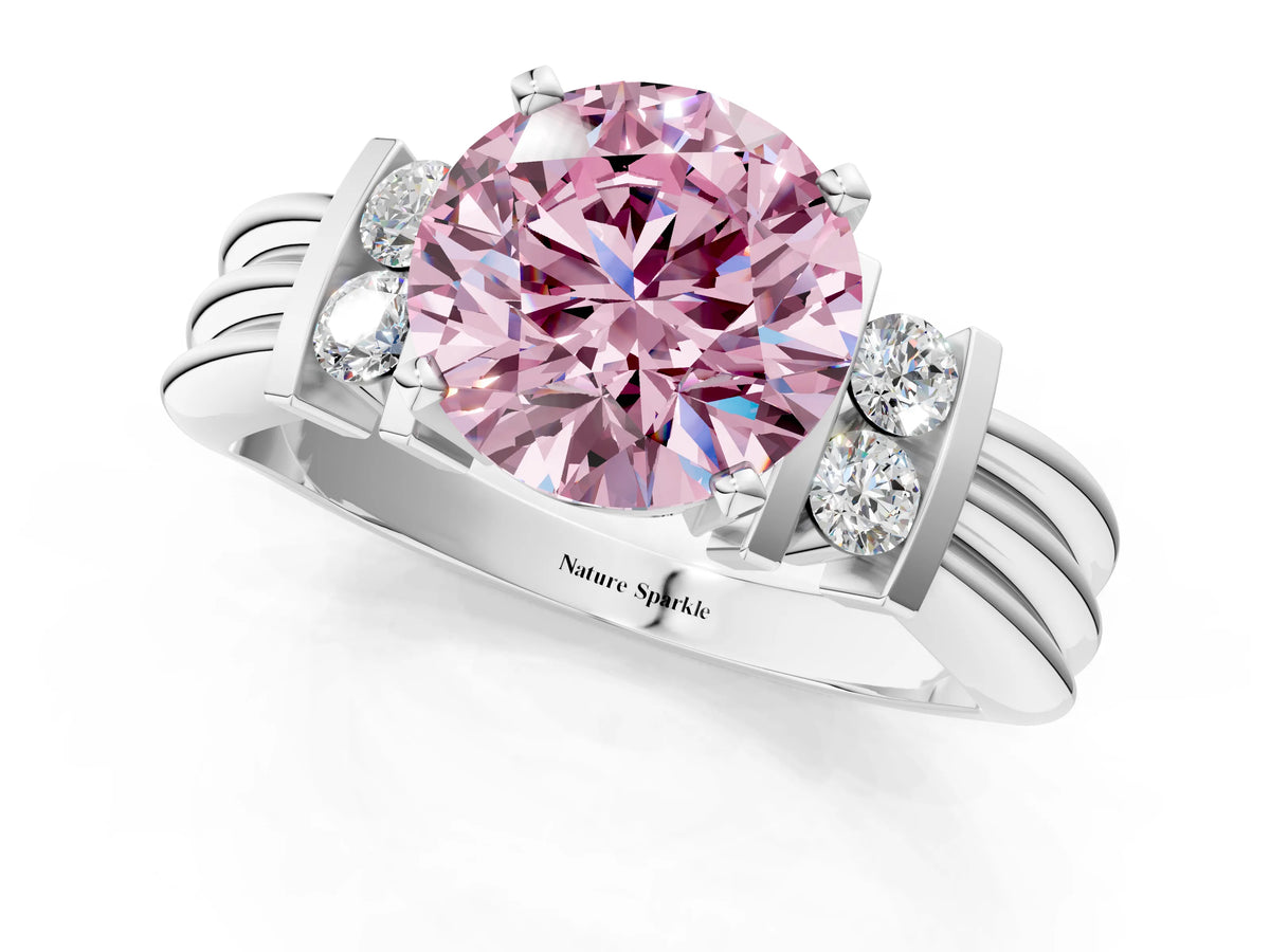 Three-Stone Fancy Pink Round Cut Diamond Channel Set Ring in White gold with Bar Prongs_1