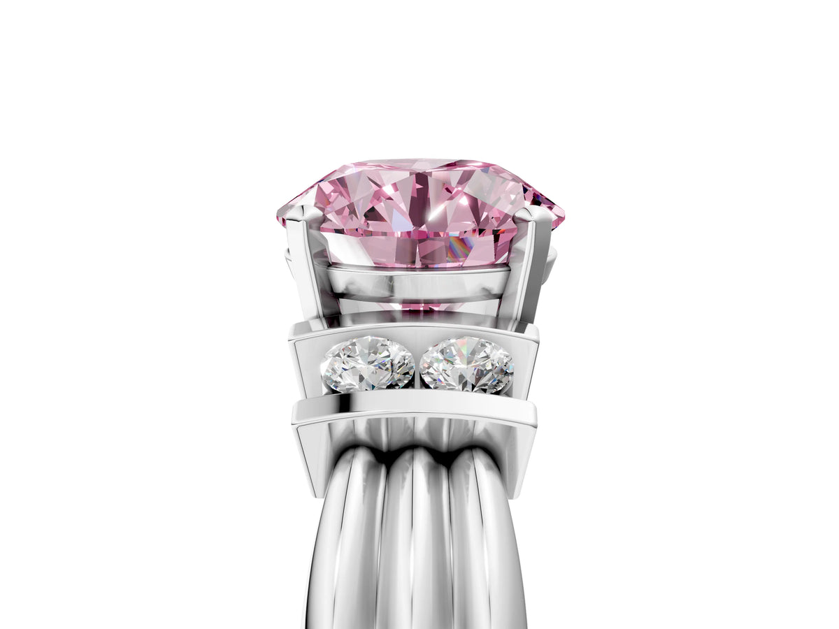 Three-Stone Fancy Pink Round Cut Diamond Channel Set Ring in White gold with Bar Prongs_5