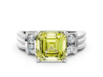 Three-Stone Fancy Yellow Asscher Cut Diamond Channel Set Ring in Silver with Bar Prongs_12