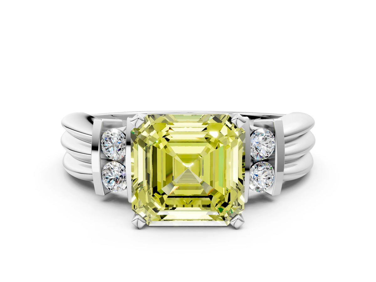 Three-Stone Fancy Yellow Asscher Cut Diamond Channel Set Ring in Silver with Bar Prongs_12