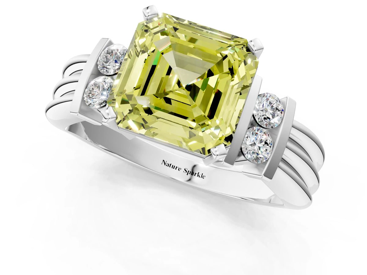 Three-Stone Fancy Yellow Asscher Cut Diamond Channel Set Ring in Silver with Bar Prongs_13