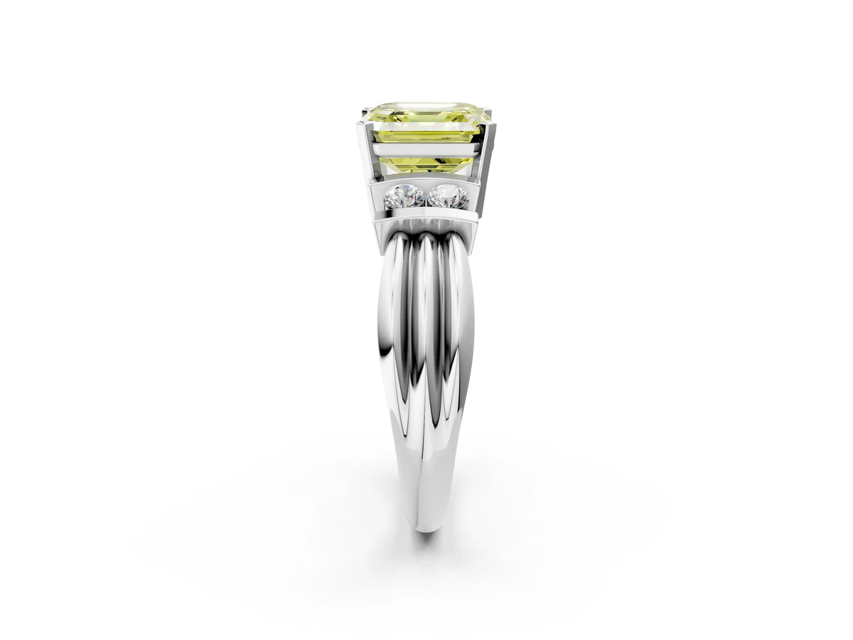 Three-Stone Fancy Yellow Asscher Cut Diamond Channel Set Ring in Silver with Bar Prongs_14