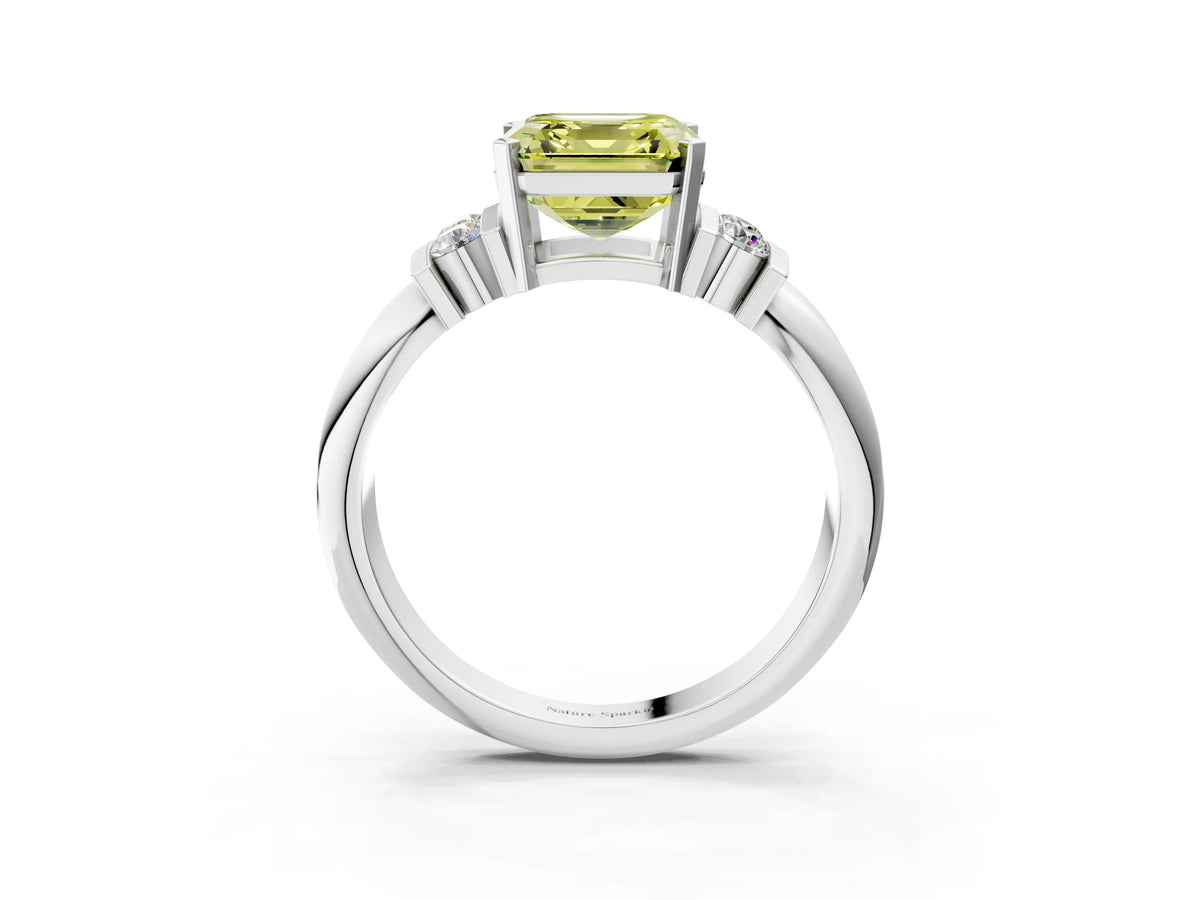 Three-Stone Fancy Yellow Asscher Cut Diamond Channel Set Ring in Silver with Bar Prongs_15