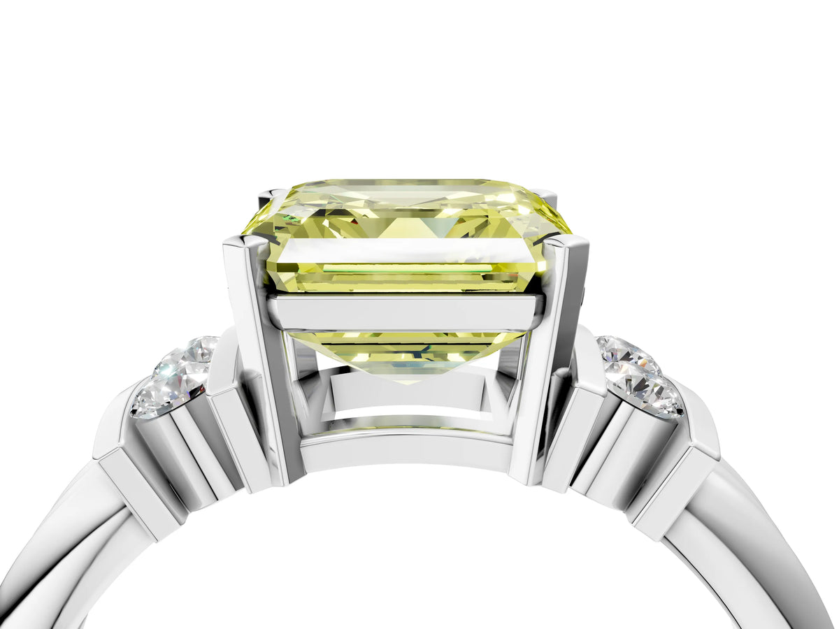 Three-Stone Fancy Yellow Asscher Cut Diamond Channel Set Ring in Silver with Bar Prongs_16